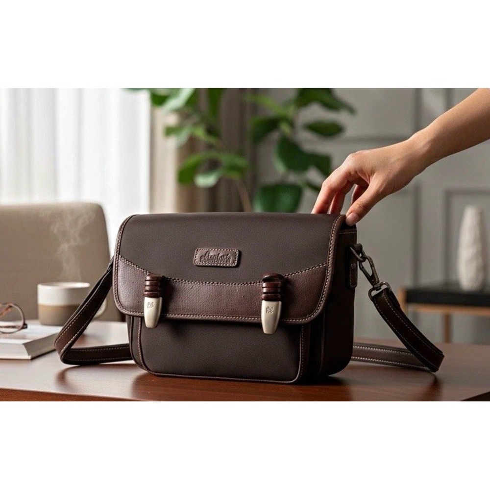 Davide Albertario Milano Brown Leather Nylon Crossbody Bag Medium